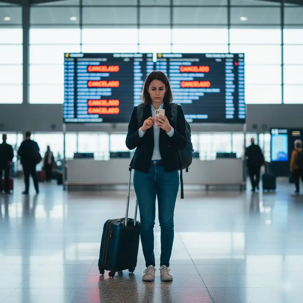 alt: Pasajera revisando su vuelo cancelado en el panel del a