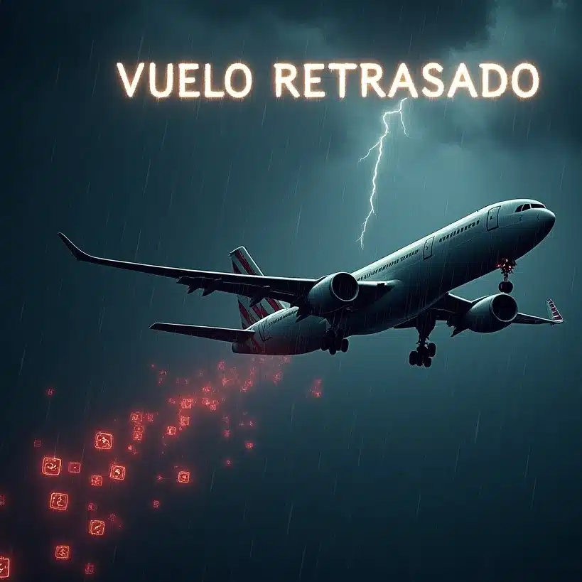 Indemnización por vuelo retrasado: avión bajo tormenta y rayo que simboliza demoras y derechos del pasajero