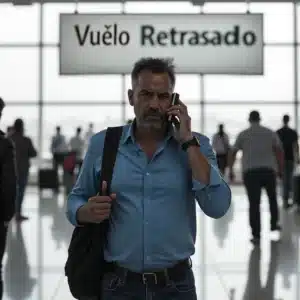 Pasajera consultando información de un vuelo con retraso en el aeropuerto