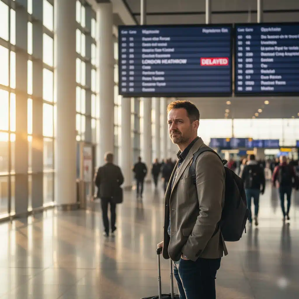 Panel de salidas con vuelo retrasado en Madrid-Barajas, viajero esperando