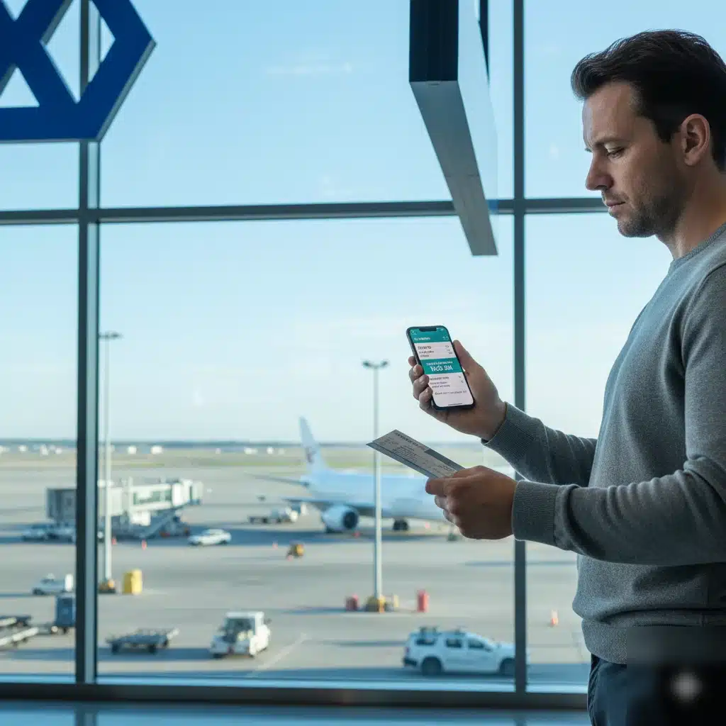 Pasajeros esperando en el aeropuerto por un retraso de vuelo de 2 horas mientras consultan sus derechos y opciones de compensación con ayuda de CIMA y Asociados