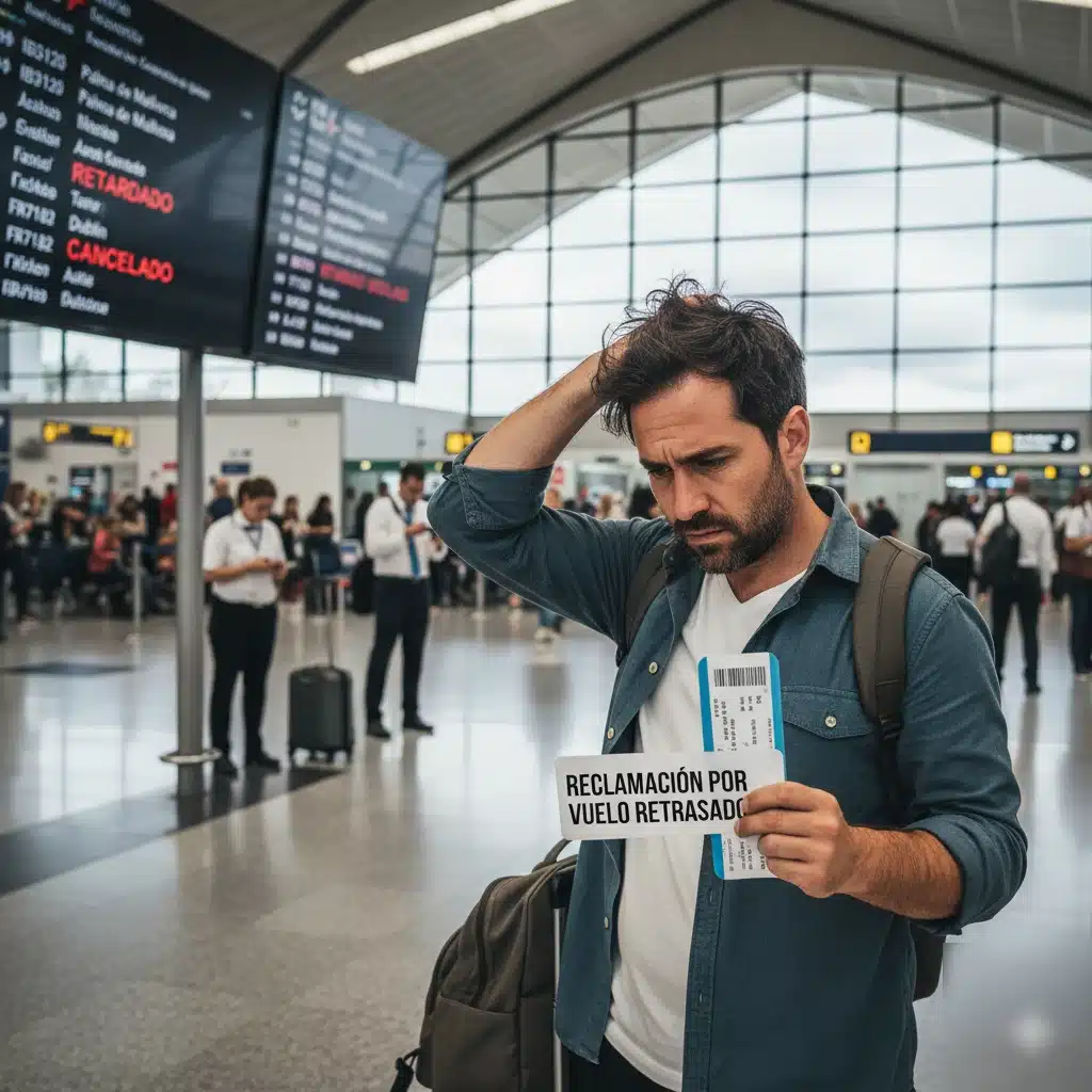 Cómo reclamar por un vuelo retrasado: pantalla de salidas Pasajero consultando la pantalla para reclamar un vuelo retrasado