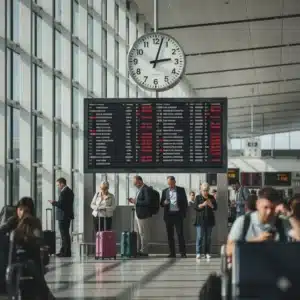 Viajero comprobando hora de llegada y conexión tras gran retraso