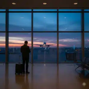 Abogado explicando a una pasajera cómo reclamar la compensación por un vuelo cancelado