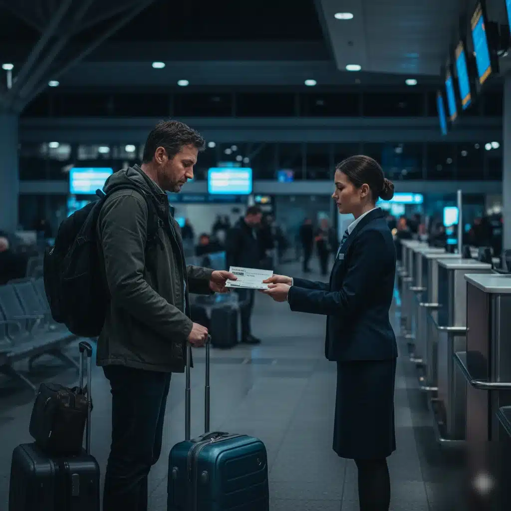 Viajero frente a panel de vuelos cancelados revisando qué pasa con el hotel tras la cancelación del vuelo