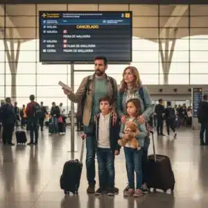 Derechos tras vuelo cancelado con Iberia Familia revisando un vuelo cancelado con Iberia en el panel del aeropuerto