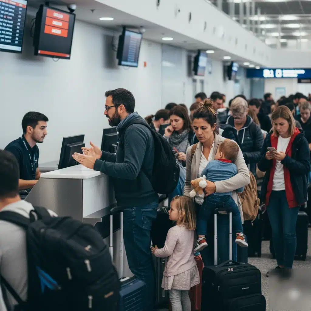 Pasajeros en el aeropuerto comprobando un vuelo cancelado con Iberia en el panel de salidas mientras preparan la reclamación