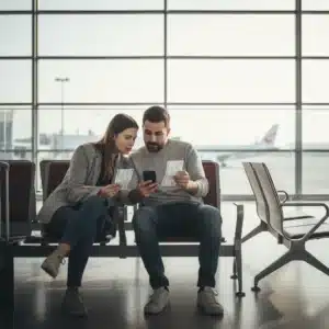 Pasajera en el aeropuerto tras la cancelación del vuelo Pasajera consultando en el aeropuerto cómo reclamar un vuelo cancelado tras ver su vuelo en pantalla como cancelado
