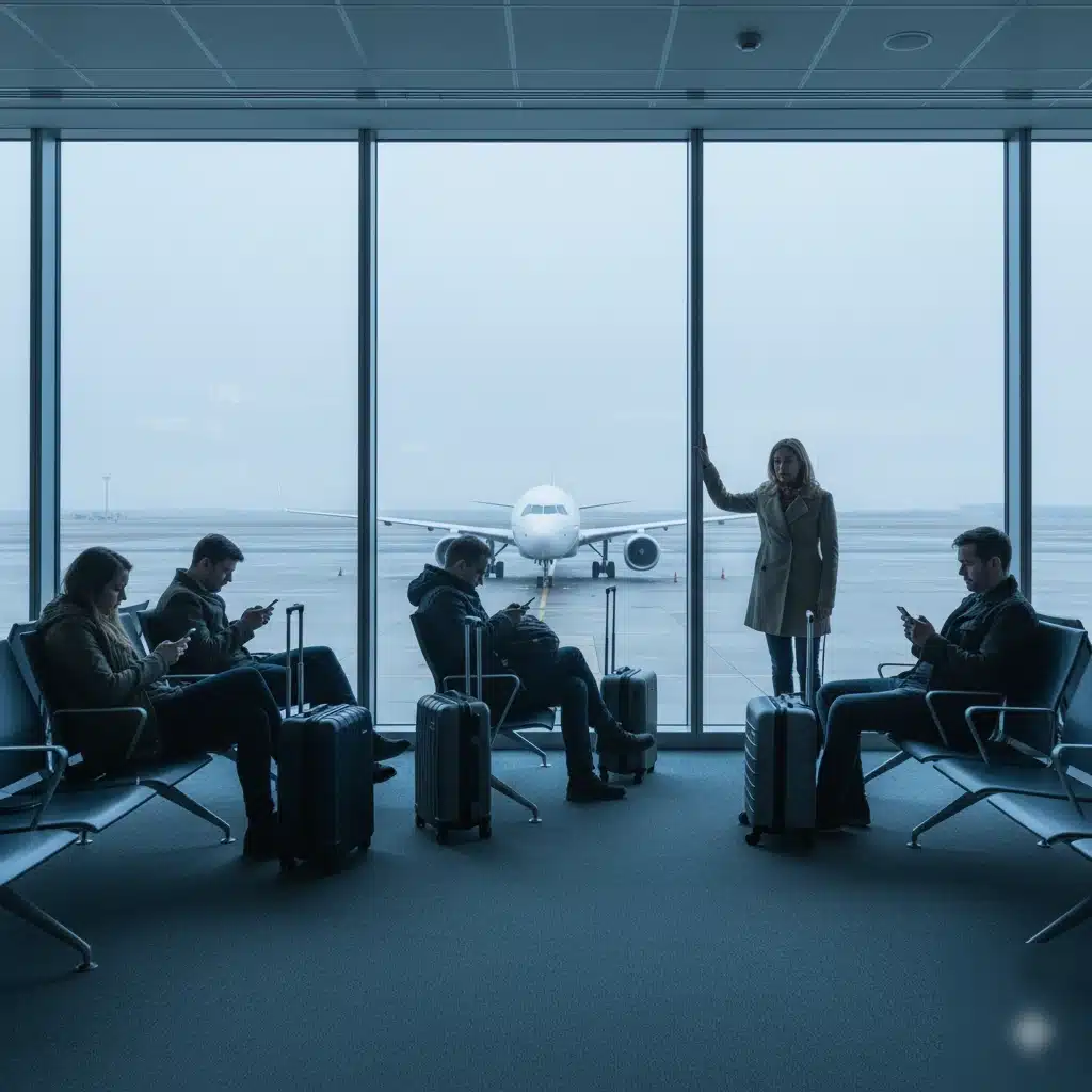 Pasajeros afectados por un vuelo cancelado buscando asistencia en el aeropuerto para iniciar la reclamación