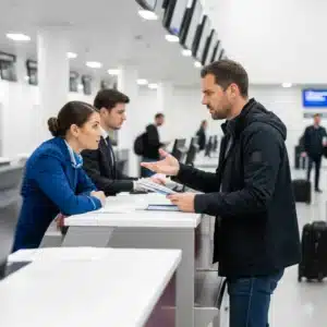 Familia revisando la indemnización por cancelación de vuelo en el panel del aeropuerto