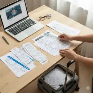 Pasajeros preparando la reclamación del vuelo Pasajeros revisando la documentación necesaria para presentar una reclamación por vuelo cancelado en la zona de embarque